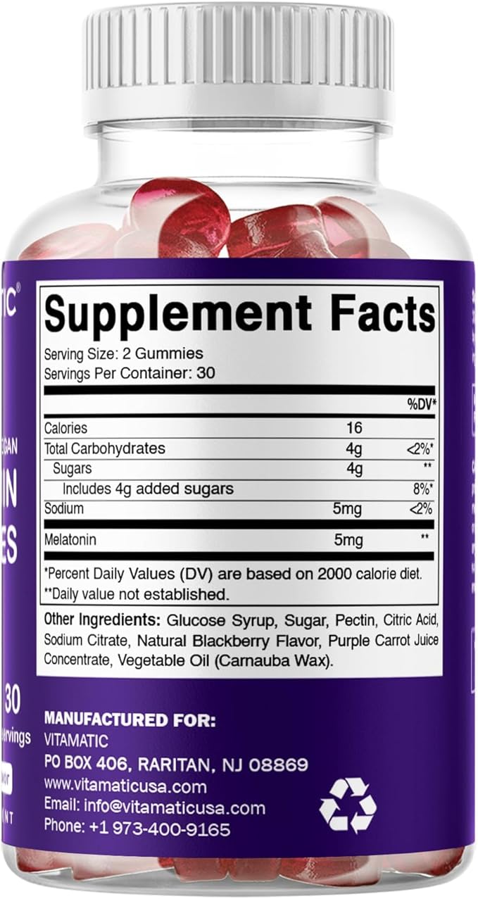 Vitamatic Melatonin Gummies for Kids & Adults - (2.5 mg 5 mg & 10 mg Doses) - 60 Vegan Gummies