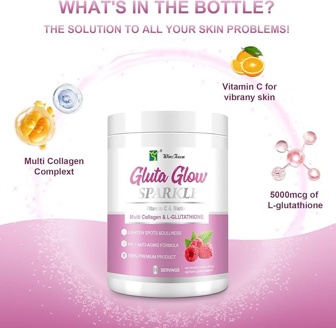 Multi Collagen&L-Glutathione Powder–Hydrolyzed Peptides with Vitamin C&Biotin–Supports Skin Brightness, Hydration&Natural Glow–30 Servings