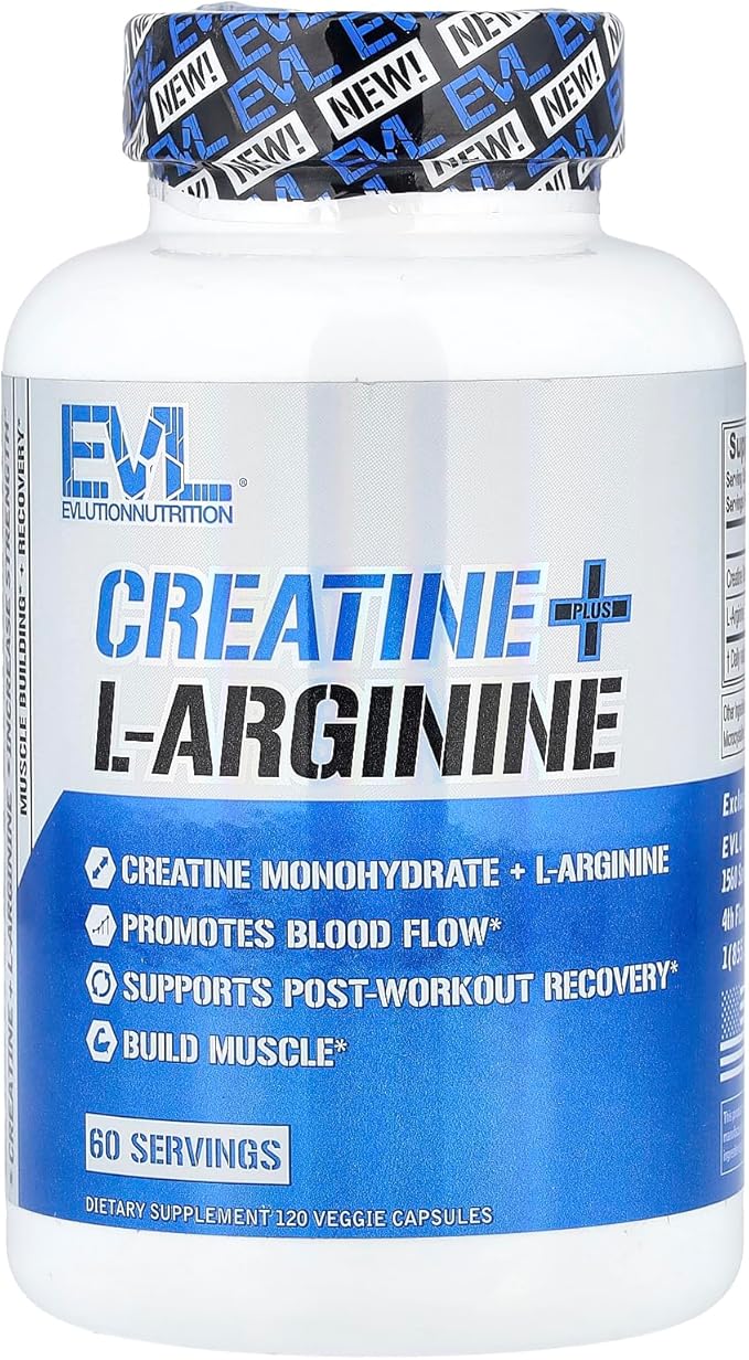 Evlution Nutrition Creatine + L-Arginine - Supports Blood Flow, Post-Workout Recovery & Lean Muscle Growth - 500mg Creatine Monohydrate & 500mg L-Arginine Per Serving -60 Servings -120 Veggie Capsules