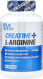 Evlution Nutrition Creatine + L-Arginine - Supports Blood Flow, Post-Workout Recovery & Lean Muscle Growth - 500mg Creatine Monohydrate & 500mg L-Arginine Per Serving -60 Servings -120 Veggie Capsules