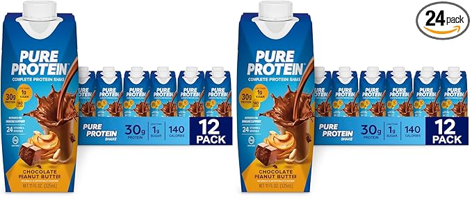 Pure Protein Complete Shake, Chocolate Peanut Butter, 30g High Protein-Drink, Less than 1g Sugar, 3g Fiber, Ready to Drink, Non GMO, On-the-Go Shakes, 11oz Bottles, (Pack of 24)