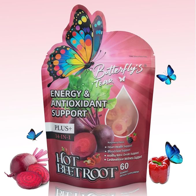 BUTTERFLY'S TEAR Beet Root Gummies, Supports Heart & Blood Vessel Health, Nitric Oxide Booster, 14-in-1 Wellness Formula with Grape Seed, Vitamin D3, K2 & E, Hawthorn, Berberine, Sugar Free (60 Count)
