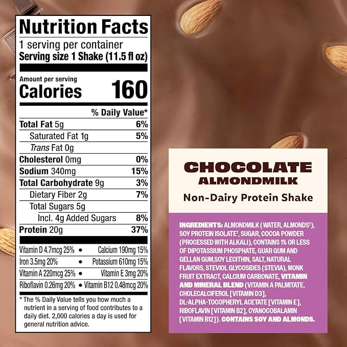 Premier Protein Non-Dairy Plant Based Almondmilk Protein Shake, Chocolate, 20g Protein, 5g Sugar, 11.5 Fl oz, 12 Count