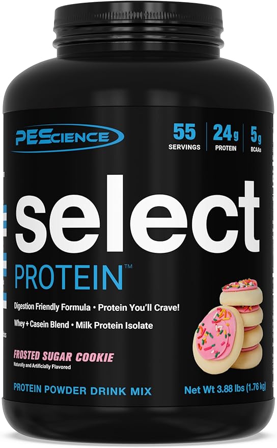 PEScience Select Protein Powder, Whey and Casein Blend, Lean Protein Powder for Women and Men, Low Calorie, Low Carb, Keto Friendly, Gluten Free, Frosted Sugar Cookie - 55 Servings