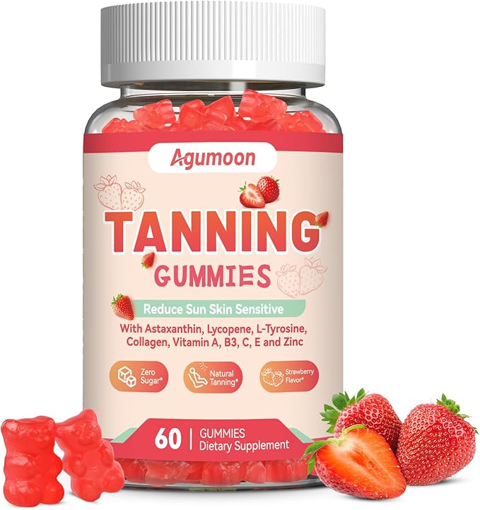 Tanning Gummies for Women and Men, Self Tan Supplement with Beta Carotene, Lycopene, Astaxanthin, Collagen & Vitamins, for Skin Health & Pigmentation, Vegan - 60 Gummies