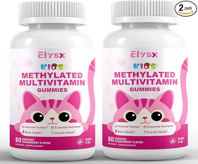 Kids Methylated Multivitamin Chewable Gummies, MTHFR Supplement with L Methylfolate, Magnesium, Biotin, Choline, Inositol, DHA, TMG & Coq 10, Immune & Brain Support, Strawberry Flavor, 120 Ct