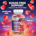 Vitamin C Gummies - 100% of Daily Vitamin C & Sugar Free - Immune Support with Powerful Antioxidants - Nature's Vegan VitaminC Dietary Supplement - Raspberry Flavor for Kids & Adults - 60 Gummies