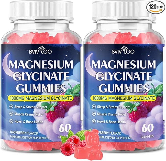 Magnesium Glycinate Gummies 1000mg with L-Threonate, Vitamin D, B6 & CoQ10 - Supports Memory, Calm & Mood - Sugar-Free Raspberry Flavor - 120 Count