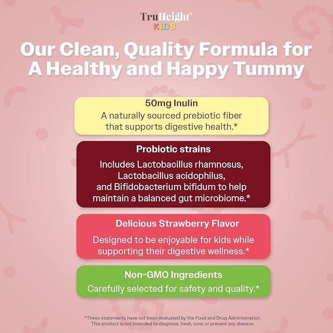 TruHeight Kids Prebiotic & Probiotic Gummies Ages 2+ (Strawberry Flavor) Toddlers & Kids All Natural Gut Health, Digestive Enzymes, Stomache Ache, Constipation Relief Supplement - Pediatric Vitamins