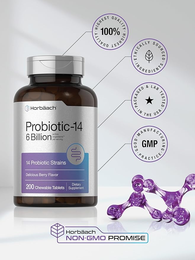 Horbäach Probiotics 6 Billion CFUs | 200 Chewable Tablets | Berry Flavor | 14 Probiotic Strains | Vegetarian, Non-GMO & Gluten Free Supplement for Men & Women