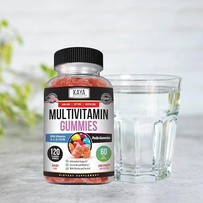 Kaya Naturals Adult Multi Vitamin Gummy, 120 Count, Biotin, Vitamin A, B-12, C & E, Including Zinc, Folic Acid, Strawberry Flavor (120 Gummies)