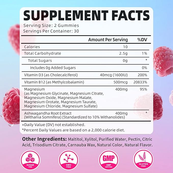 Magnesium Complex Gummies 400mg, Magnesium Glycinate, Malate, Citrate, Taurate, Oxide & More | w/Ashwagandha Extract, D3 & B12 for Calm, Zzz, Relaxation, Muscle Cramp, Raspberry Flavor, 60 Count