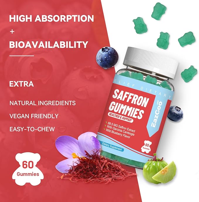 Saffron Supplements Gummies, Saffron Extract for Positive Mood & Calm Nerve, Boost Energy, with Garcinia Cambogia, Vitamin A, B12, Rhodiola Rosea - 120 Gummies