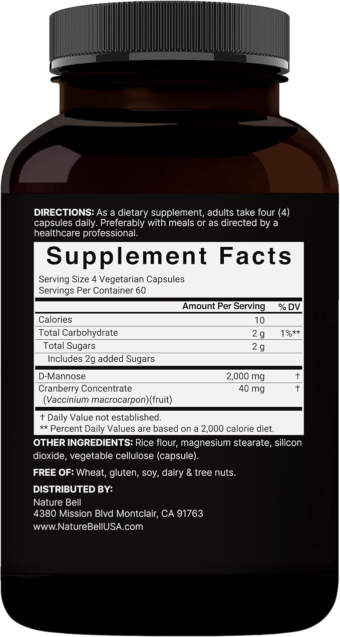 NatureBell D-Mannose 500mg Capsules (2,000mg Per Serving) | 240 Veggie Capsules + Cranberry Concentrate 40mg – Fast Acting Urinary Tract Health Pills – Ultra UTI Support for Women & Men
