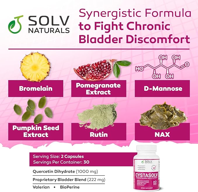 CYSTASOLV Bladder & Pelvic Discomfort Formula - Enjoy Less Urgency & Flares* with Daily IC/BPS UTI Support – Premium Bladder & Urinary Support for Women & Men - 60 Vegan Capsules