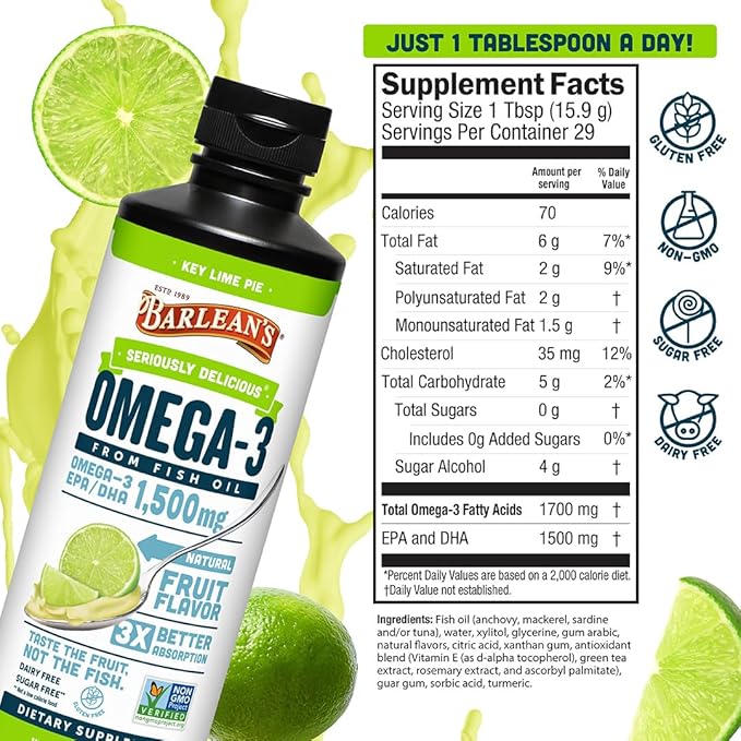 Barlean's Omega 3 Fish Oil Liquid Supplement for Men and Women, 1500mg of EPA and DHA Fatty Acid, Promotes Brain & Heart Health - Non-GMO, Key Lime Pie, 16 oz