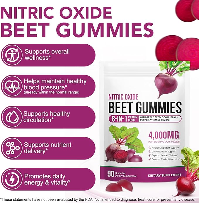 Super Beetroot Gummies, 8 in 1 Beet Root 4,000mg with Grape Seed Extract & CoQ10, Sugar Free - 90 Count (1)
