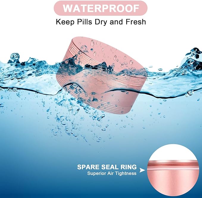 Portable Pill Box Pill Case Daily - Waterproof Single Metal Pill Container for Pocket Purse, Aluminium Alloy Round Daily Medicine Organizer to Hold Vitamins, Fish Oil, Medicine Medium Size