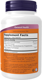NOW Foods Supplements,Alpha Lipoic Acid 600 mg with Grape Seed Extract & Bioperine®,Extra Strength,120 Veg Capsules,(Pack of 2)