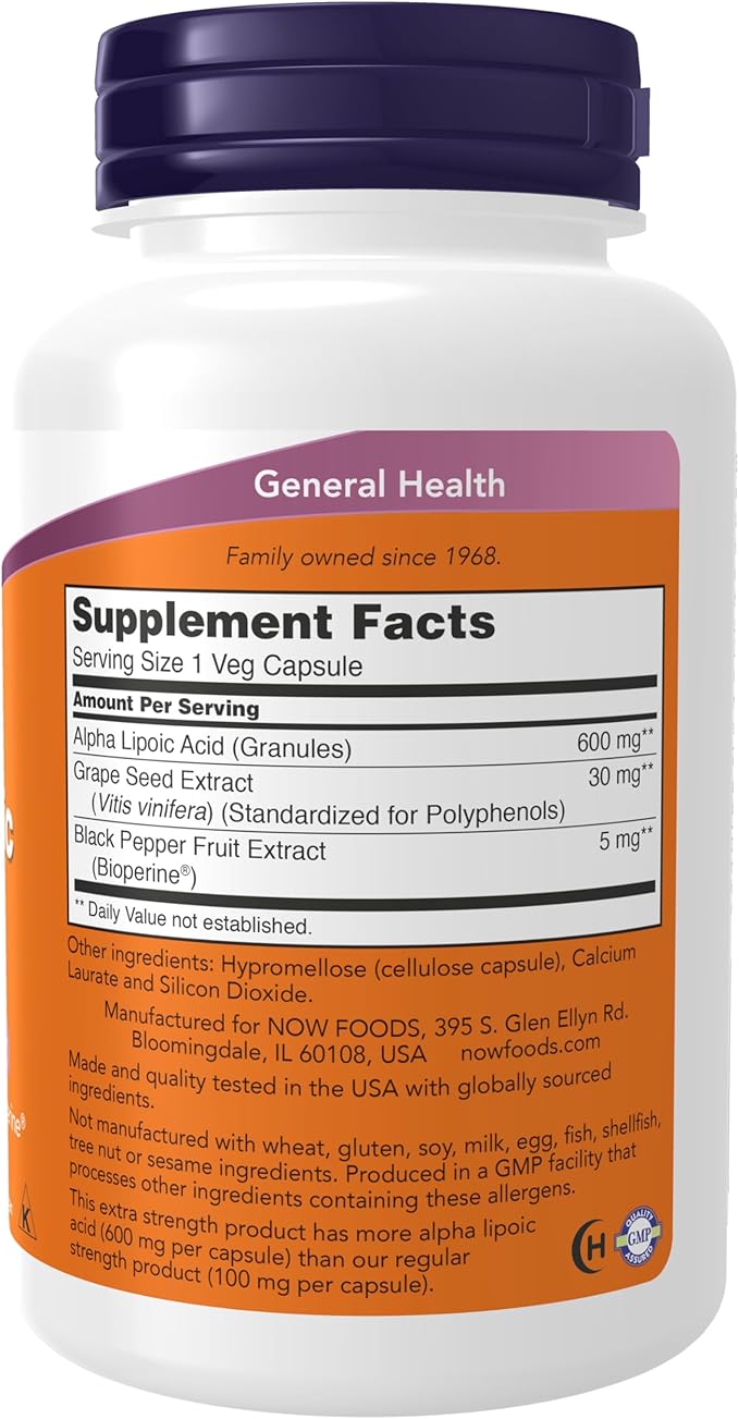 NOW Foods Supplements,Alpha Lipoic Acid 600 mg with Grape Seed Extract & Bioperine®,Extra Strength,120 Veg Capsules,(Pack of 2)