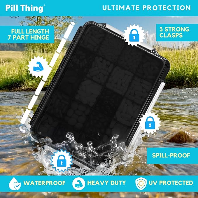 20 Compartment Large Pill Case with Airtight Seal - Silicone Gasket Waterproof Med Box with Medication Map, Medical Alert Card (Black, 1 Pack)
