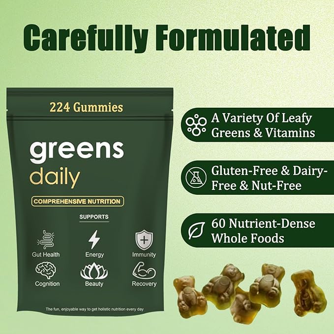 Greens Gummies - Organic Chlorella and Spirulina, Digestive & Gut Health, Formulated with 60+ Ingredients, Multi-Vitamins & Minerals, Daily Gummies, 224 Gummies Bear
