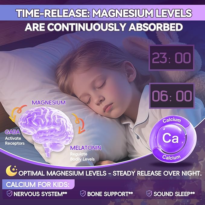 Magnesium Glycinate + Calcium Gummies for Kids Sugar Free Magnesium Gummy Kids Sleep Gummies Melatonin Free Magnesium Supplement for Children Zzz & Relax, Brain, Bone