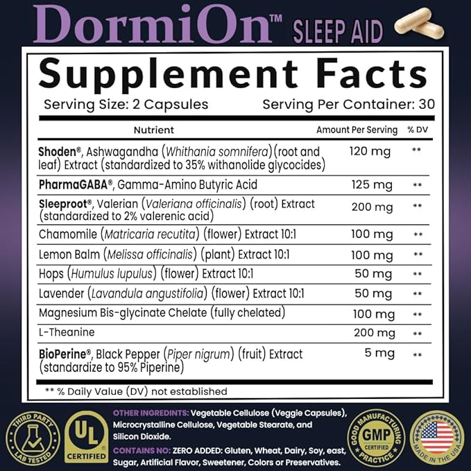 DormiOn™ Sleep + Restore + Stress Supplement | Herbal Sleep Aid for Women & Men | No Melatonin, Non-Habit Forming | Ashwagandha, GABA, Valerian & Magnesium | Vegan, 60 Capsules