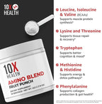 10X Health Amino Acids - 30 Servings of EAA & BCAA Powder, Pre Workout BCAA with Essential Amino Acids Supplement - BCAAs & EAAs for Longevity, Muscle Support, Strength, Energy - Fruit Punch