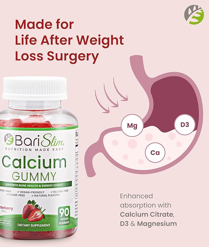 BariSlim Bariatric Calcium Gummies - Specially Formulated Bariatric Vitamins for Patients After Weight Loss Surgery - Supports Energy Levels & Bone Health | Strawberry (90 Vegan Gummies)
