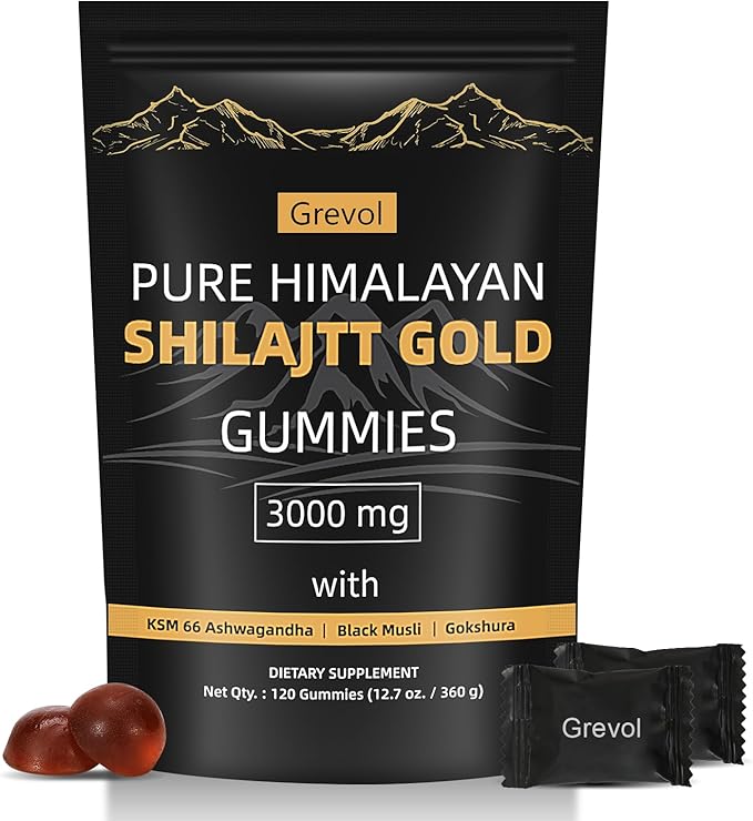 Grevol Himalayan Shilajit Gummies with Ashwagandha Fulvic Acid & 85+ Trace Minerals - No Added Sugar - Individually Wrapped - 120 Gummy
