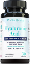 Hyaluronic Acid Capsules with MSM & Vitamin C | 120mg Sodium Hyaluronate | Skin Hydration, Elasticity & Collagen Support | Vegan, Non-GMO, Antioxidant Beauty Supplement 30 Servings