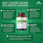 Zazzee Myo-Inositol Capsules, 2000 mg per Serving, 240 Vegan Capsules, Ideal Dosage for 40:1 Ratio, Certified Kosher, Hormone Balance & Healthy Ovarian Function Support, Non-GMO, Made in the USA