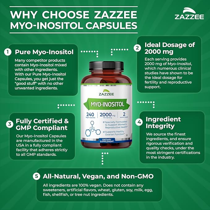 Zazzee Myo-Inositol Capsules, 2000 mg per Serving, 240 Vegan Capsules, Ideal Dosage for 40:1 Ratio, Certified Kosher, Hormone Balance & Healthy Ovarian Function Support, Non-GMO, Made in the USA