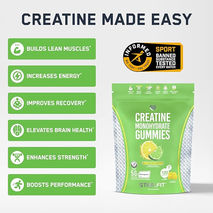SteelFit Creapure Creatine Monohydrate Gummies for Men & Women, Lemon Lime - Gym Workout Nutritional Supplements for Muscle Gain, Brain Health & Strength Building Dietary Supplement, 120 Gummies