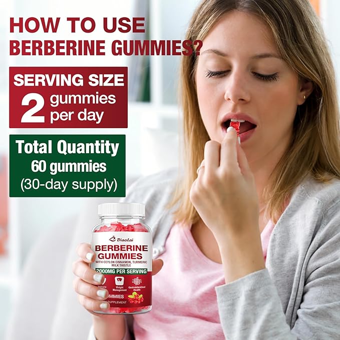 Berberine Gummies 2000mg - Natural Organic Berberine HCL Supplement - Vegan, Non-GMO, Gluten-Free - Delicious Raspberry Flavor - 60 Count