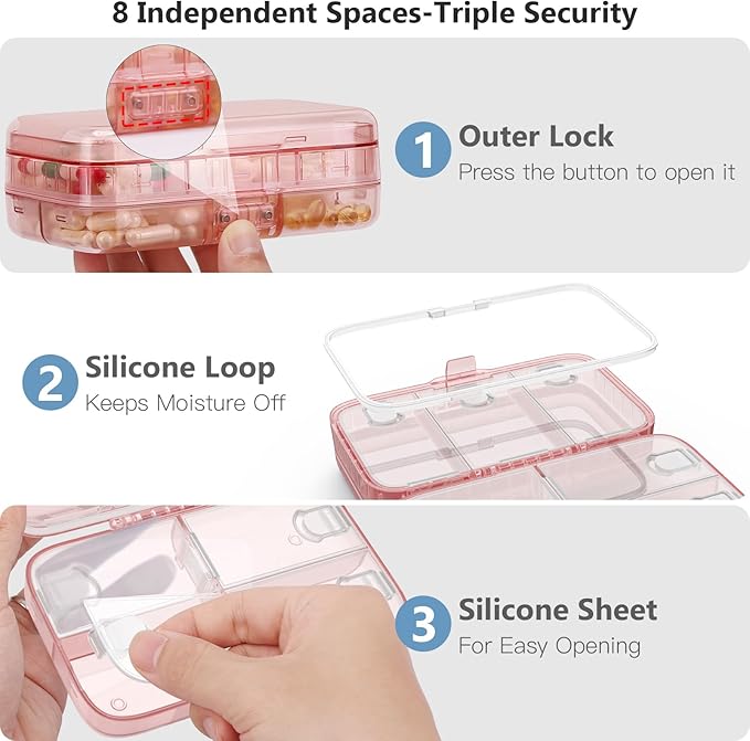 FYY Weekly Pill Organizer with Labels,8 Compartments Travel Daily Pill Case Airtight Moistureproof Large Pill Box to Hold Vitamins, Fish Oil, Supplements,Cotton Swab and Bandages-Pink