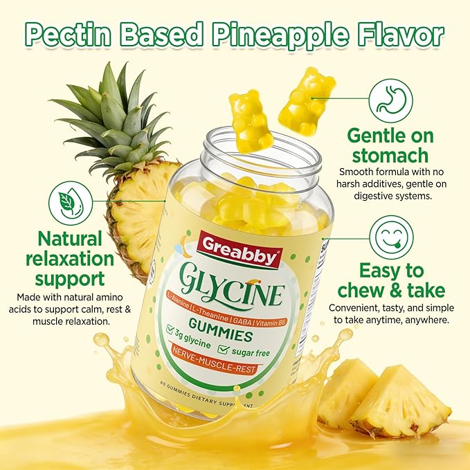 Glycine 3g Gummies, with L Alanine 1000 mg, L Theanine, GABA, Vitamin B6, Sleep Support, Muscle Relaxation, High Absorption Glycine Supplements for Adults, Sugar Free Pineapple Flavor, 60 gummies