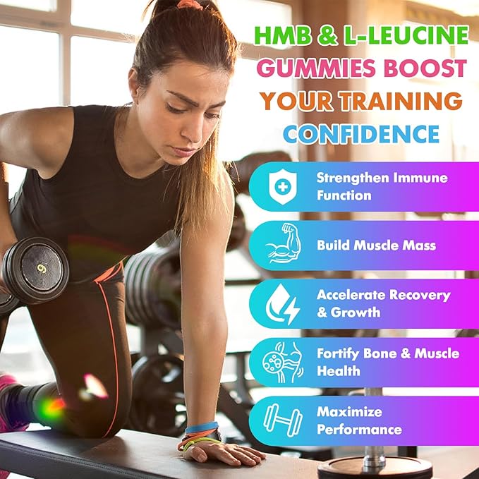 2 Pack HMB and L-Leucine 3000mg with Calcium Gummies - Muscle Support & Recovery for Adults & Elderly, Vegan, Non-GMO, Gluten Free, 120 Gummies