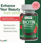 YumVs Biotin Gummies 5000mcg - Luscious Raspberry Flavor - Thicker Faster Hair Growth Gummies for Women or Men - Hair, Skin & Nails Vitamins - Hair Gummy - Vegetarian Biotin Supplement (60 Ct., 2pk)