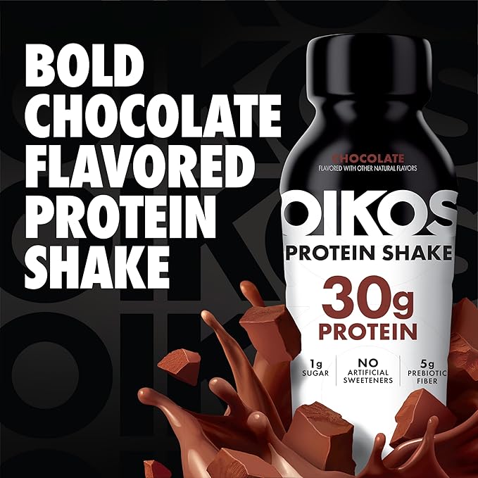 Oikos Protein Shake,Chocolate,30g High Protein Drinks,Shelf Stable,Ready to Drink,5g Prebiotic Fiber,12 fl oz Bottle,,(Pack of 24)