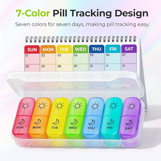 AUVON Weekly Pill Organizer 2 Times a Day in 7 Colors with Face-Up Labels for Easy Organization, Portable AM PM Pill Box 7 Day with Dual Protection Keeps Medications, Vitamins, Fish Oils from Spills