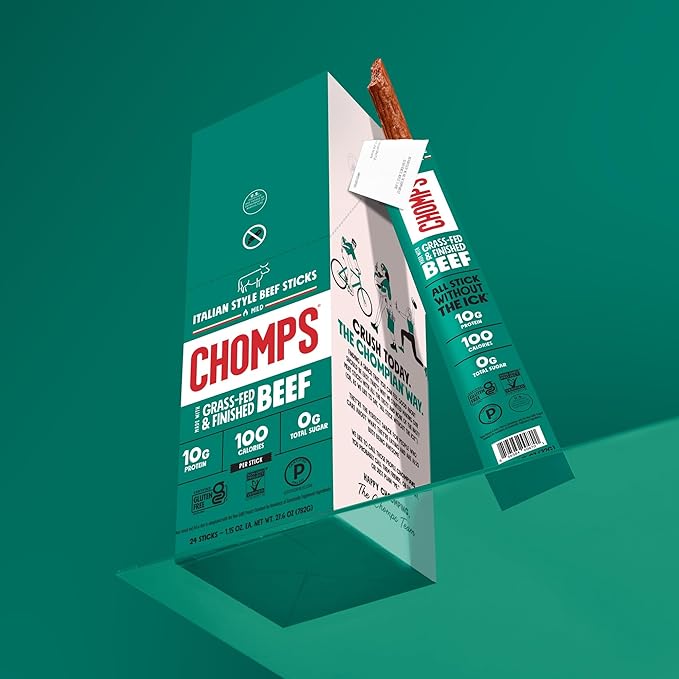 CHOMPS Grass Fed Beef Jerky Meat Snack Sticks, AIP Diet Compliant, Keto, Paleo, Whole30 Approved, Low Carb, Gluten Free, Sugar Free, Non-GMO, 90 Calories 1.15 Oz Stick, Italian Beef 10 Pack