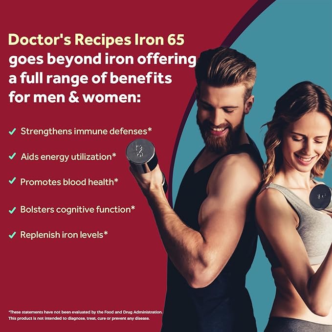 Doctor's Recipes Iron Supplement 65 mg with Vitamin C - Maximized Absorption & Stomach Friendly Iron Pills for Red Blood Cells Formation, Heart, Brain & Immunity Health - Vegan Non-GMO 60 Iron Tablets