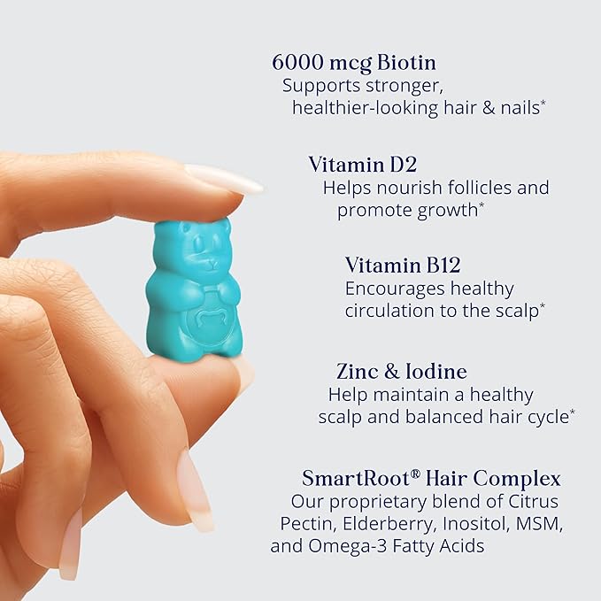 SugarBearPro Hair Vitamin Gummy 1 Month Supply, Extra Strength Biotin 6000mcg for Hair Growth, Vegan Vitamin B12, MSM, Inositol, Omega 3, Elderberry, Certified Kosher, Halal, Cruelty-Free