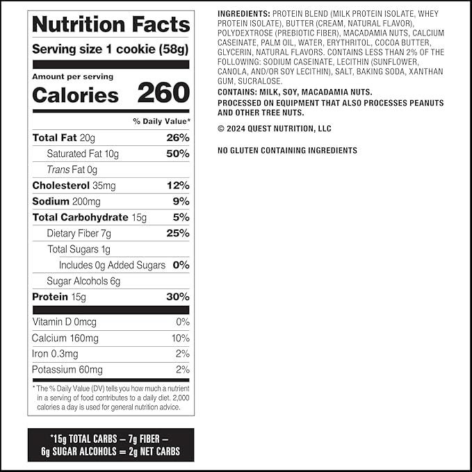 Quest Nutrition White Chocolate Macadamia Cookie, 15g Protein, 1g Sugar, 2g Net Carbs, Keto Friendly, High Protein, Low Carb; 12 Count (Pack of 2)