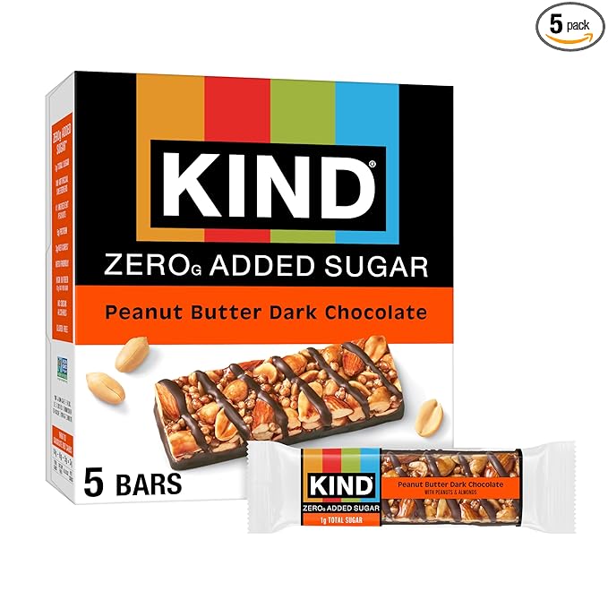 Kind Zero Added Sugar Healthy Snacks Bars, Peanut Butter Dark Chocolate, Gluten Free, High Fiber, Keto Snacks, 5g Protein, 5 Count