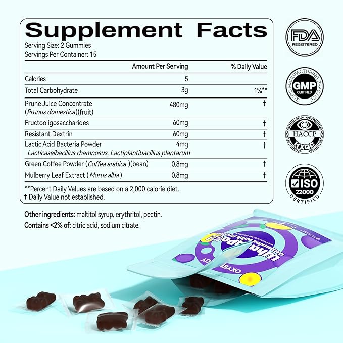 OxyEnergy Prebiotics, Probiotics, Metabolism Gummies for Adults with Prune Digestive Green Coffee Bean & Mulberry Leaf Extract to Support Gut Health, Sugar Metabolism & Energy Release - 30 Gummies