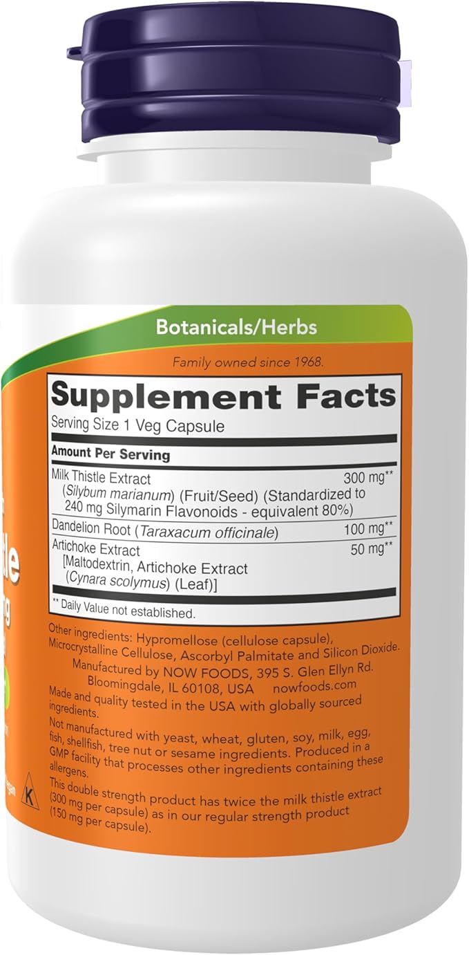 NOW Foods Supplements, Silymarin Milk Thistle Extract 300 mg with Artichoke and Dandelion, Double Strength, Supports Liver Function*, 100 Veg Capsules