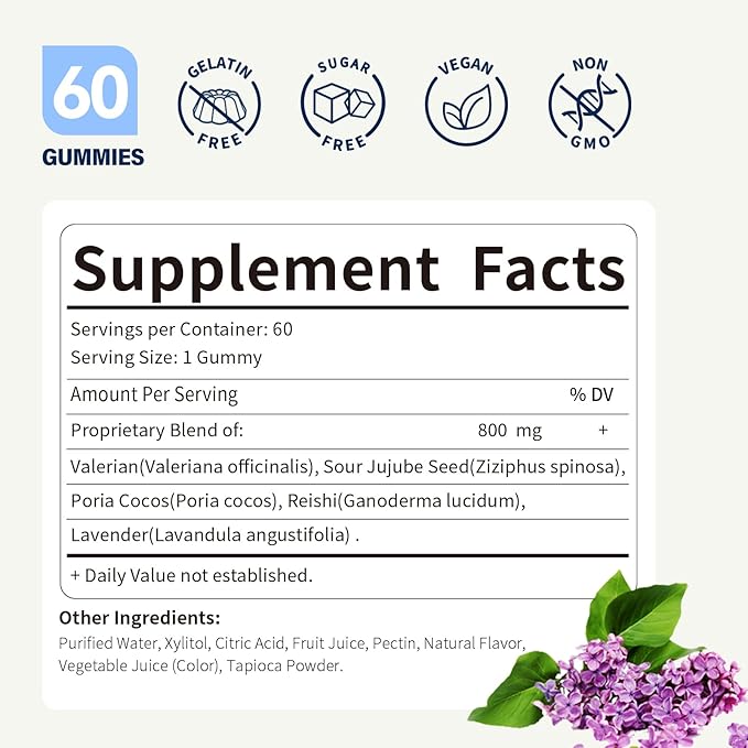 Valerian Root Extract Gummies for Natural Sleep Support, 5-in-1 Herbal Supplement for Calm & Relaxation w/Lavender and More, Alternative to Valerian Powder Capsules. 60 Count